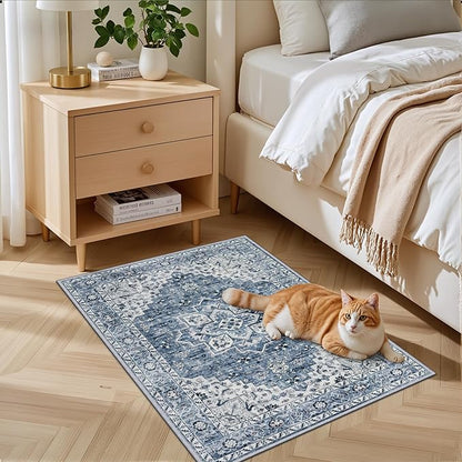 2x3 Area Rugs Living Room Rug: Washable Vintage Boho Medallion Rug No Slip Stain Resistant Soft Carpet Indoor Floor Large Carpets for Bedroom Dining Room Farmhouse Nursery Hallway Home Office Blue