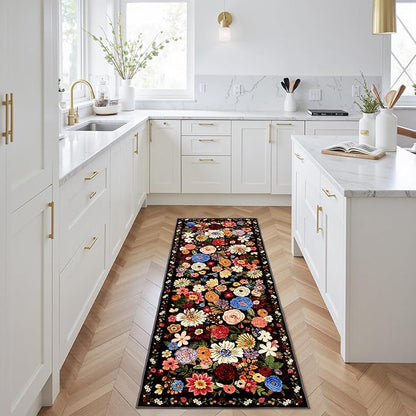 Rug for Hallways Kitchen Rug 3x7, Non Slip Washable Rugs with Rubber Backing Soft Floral Carpet Runner for Hallways, Kitchen, Laundry, Bedroom, Bathroom(3 x 7, Black/Brown)