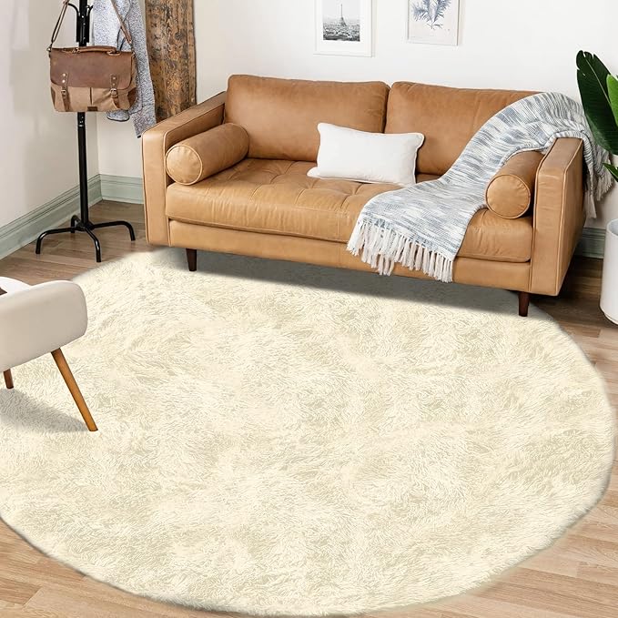 Cream White Round Rugs for Bedroom: 4ft Circle Fluffy Shag Soft Washable Rug Small Fuzzy Plush Indoor Carpet for Kids Girls Boys Nursery Dorm Classroom (Cream White, 4'x4')