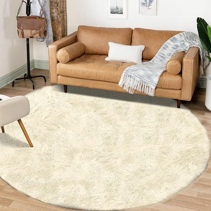 Cream White Round Rugs for Bedroom: 4ft Circle Fluffy Shag Soft Washable Rug Small Fuzzy Plush Indoor Carpet for Kids Girls Boys Nursery Dorm Classroom (Cream White, 4'x4')