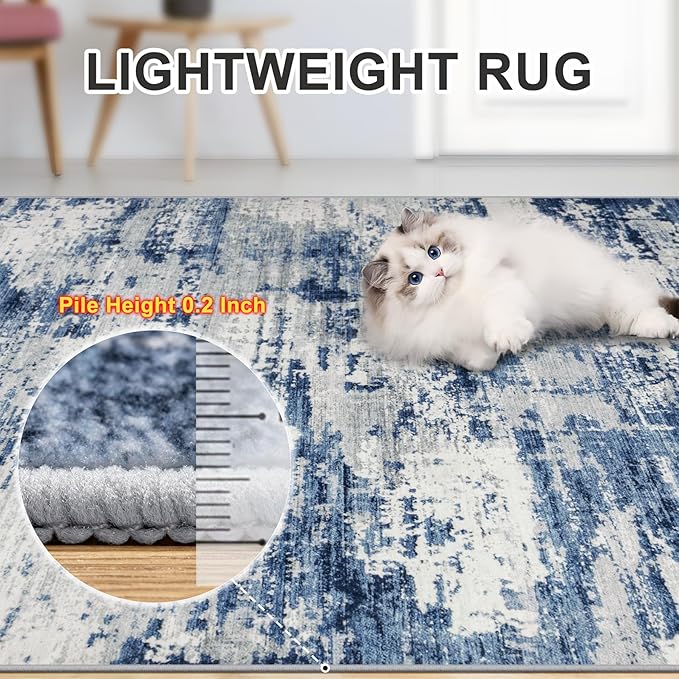 Area Rugs 9x12 Living Room - Washable Rug Modern Abstract Soft Large Neutral Non-Slip Carpet Indoor Floor Thin Carpets for Bedroom Dining Room Farmhouse Nursery Home Office Blue Gray