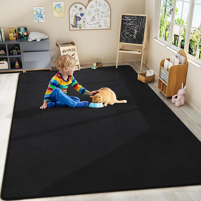 Amearea Large Modern Area Rugs for Bedroom Living Room, 8x10 Feet Black Thickened Memory Foam Rug, Fluffy Indoor Washable Rugs Non Slip Minimalist Carpet for Boys Girls Dorm Nursery Room Decor