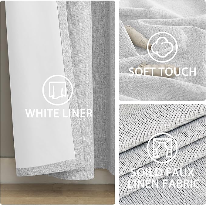 Yakamok White Linen Curtains 100% Blackout 96 Inches Long,Room Darkening Textured Curtains for Living Room Thermal Grommet Bedroom Curtain 2 Panels with Greyish White Liner