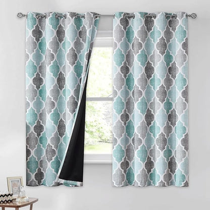 Beauoop 100% Blackout Curtains 54 Inches Long 2 Panels for Bedroom Living Room Aqua Grey Moroccan Geo Room Darkening Thermal Insulated Soundproof Grommet Top Window Treatments Drapes, 50x54 Set of 2