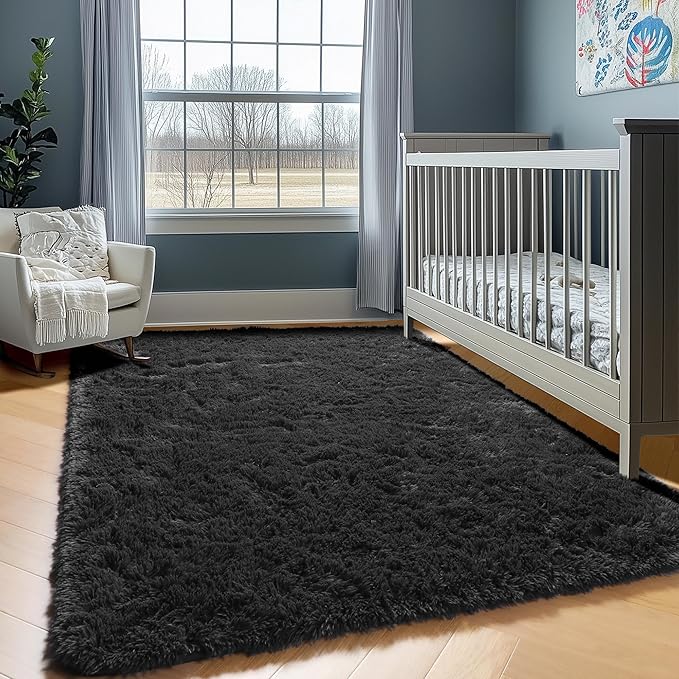 ONASAR Black Area Rugs 9x12 Living Room, Large Fluffy Shag Bedroom Rug, Soft Plush Thick Shaggy Big Floor Carpet for Kids Boy and Girls Teen Dorm Nursery Indoor Home Decor Aesthetic