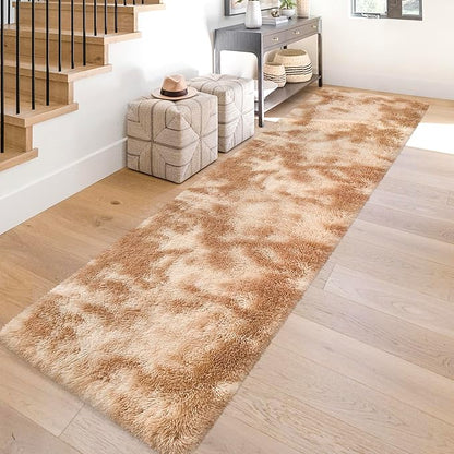 Super Soft Fluffy Living Room Area Rugs 2x10 ft Tie-Dyed Beige Shaggy Furry Carpet Washable Non-Slip Floor Rug Bedroom Bedside Nursery Rug Fuzzy Girls Boy Reduce Noise Dorm Home Decor