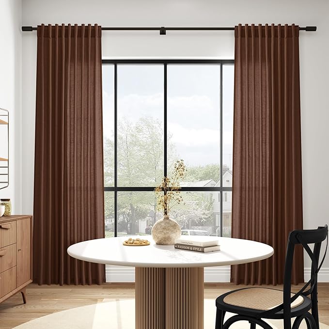 Nanspring Linen Curtains 108 Inches for Living Room Bedroom Set Mocha Brown Extra Long Back Tab Curtain Light Filtering Sheer Drapes Floor to Ceiling Curtain for Large Windows 52x108, 2 Panels