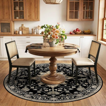 RELEANY Area Rugs 6ft Washable Non-Slip, Floral Vintage Distress Print Pattern Medallion Carpet for Living Room Bedroom Dining Room, Black Brown Neutral Dark Tan