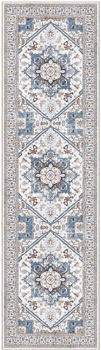 OPPODREAM Soft Entryway Rug 2x8, 2x8 Rug Runner, Neutral Washable Hallways Carpet 2 x 8 with Non Slip Backing, Low-Pile Bedside Carpet 2 x 8, Long, Faux Cashmere, Cream White & Blue & Light Brown