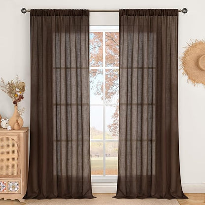 BGment Long Linen Curtains 102 Inch Length for Living Room, Brown Semi Sheer Window Drapes for Bedroom Farmhosue Decor with Rod Pocket Leightweight Rustic Textured, 2 Panels Set, Each 52 Inch Wide