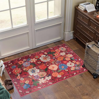 Floral Rug for Entryway, 2x3 Washable Kitchen Mat Ultra-Thin Soft, Non-Slip Indoor Door Carpet Stain Resistant Boho Small Low-Pile Throw for Bathroom Bedroom (2 x 3, Red Garden)