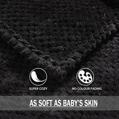 Exclusivo Mezcla Fleece Bed Blanket Twin Size, Super Soft and Warm Blankets for Couch, Sofa and Bed Waffle Textured, Cozy, Fuzzy and Lightweight (Black, 90x66 Inches)