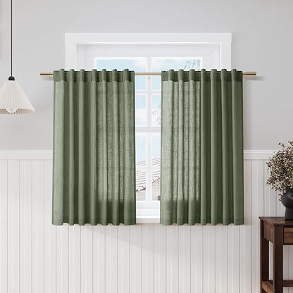 Olive Green Kitchen Cafe Curtains 45 Inch Length 2 Panel Set Back Tab Rod Pocket Semi Sheer Light Filtering Short Curtain Farmhosue Small Curtains for Basement Window Bathroom Living Room 52x45