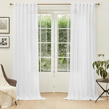 MYSKY HOME Floor to Ceiling Curtains 108 Inches White Sheer Window Drapes 2 Panel Sets Back Tab Draperies Linen Look Boho Fabric, Soft Cotton Blend Light Filtering for Living Room