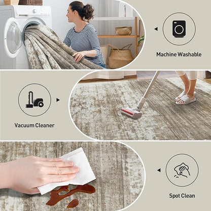 9x12 Area Rugs Washable Rug: Modern Abstract Living Room Rug Soft Anti-Skid Thin Carpet Indoor Floor Non-Shedding Carpets for Bedroom Dining Room Farmhouse Nursery Home Office Brown White