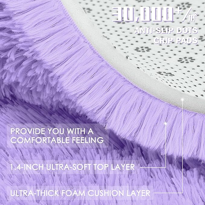 OLANLY Light Purple Round Rugs for Bedroom - Machine Washable, 9 ft Circle Area Rugs for Living Room, Soft and Fluffy Shaggy Carpet for Teen Girls and Boys, Nursery Rooms, Dorms, Home Decor Aesthetic