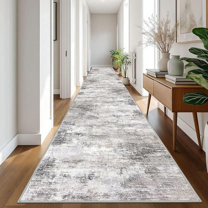 IOHOUZE Abstract Runner Rug 3x20 Ft Extra Long Washable Runners for Hallways, Non Slip Kitchen Runner Printed Faux Wool Entryway Runner Indoor, Modern Abstract Floor Carpet for Hall Stair, Grey Beige