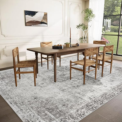 Area Rug 8x10 Washable Rug, Vintage Boho Medallion Rugs Non-Slip Soft Low Pile Large Distressed Rug Indoor Retro Carpet for Living Room Bedroom Dining Room Home Office (Grey, 8'x10')