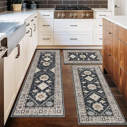 HEBE Boho Kitchen Rug Sets 3 Piece with Runner Non Slip Kitchen Rugs and Mats Washable Kitchen Mats for Floor Thick Kitchen Floor Mat Carpet Runner Rugs for Hallway Laundry Holiday Decor