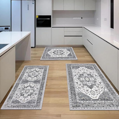 HEBE Boho Kitchen Rug Sets 3 Piece with Runner Non Slip Kitchen Rugs and Mats Washable Kitchen Mats for Floor Thick Kitchen Floor Mat Carpet Runner Rugs for Hallway Laundry Holiday Decor