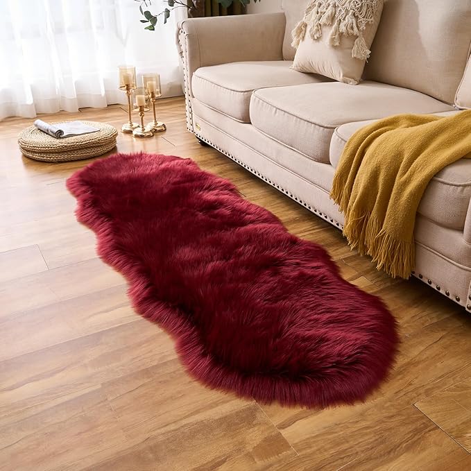 EasyJoy Ultra Soft Fluffy Shaggy Area Rug Faux Fur Rug Chair Cover Seat Pad Fuzzy Area Rug for Bedroom Floor Sofa Living Room (2 x 6 ft Sheepskin, Burgundy)