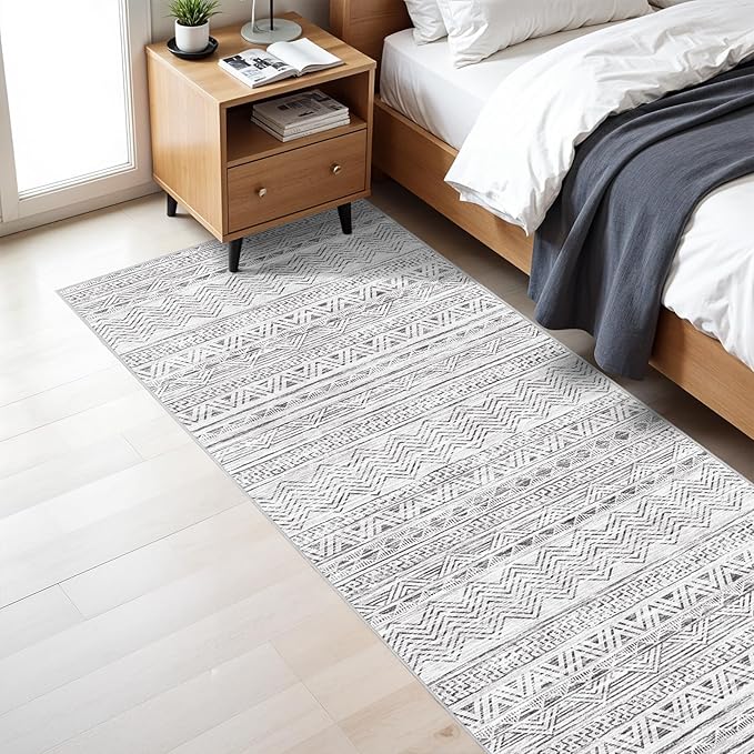 3x7 Washable Hallway Runner Rug - Moroccan Non-Slip Indoor Table Long Runners for Entryway Soft Low-Pile Neutral Rugs for Kitchen Waterproof Geometric Carpet for Bedroom Bathroom Laundry 3x7 Grey