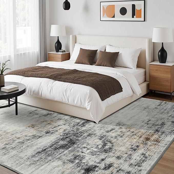 Toneed Abstract Area Rug 7x9 Modern Washable Rug Soft Non Slip Rug Low Pile for Bedroom Living Room Dining Room Grey/Brown