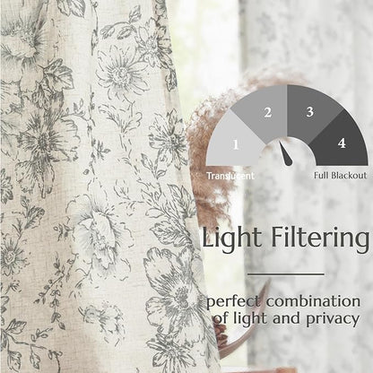 jinchan Lined Linen Blend Curtain Floral Curtains for Living Room 90 Inches Long Grey Peony Flower Printed Curtain Back Tab Farmhouse Patterned Drapes Bedroom Window Curtains Set 2 Panels