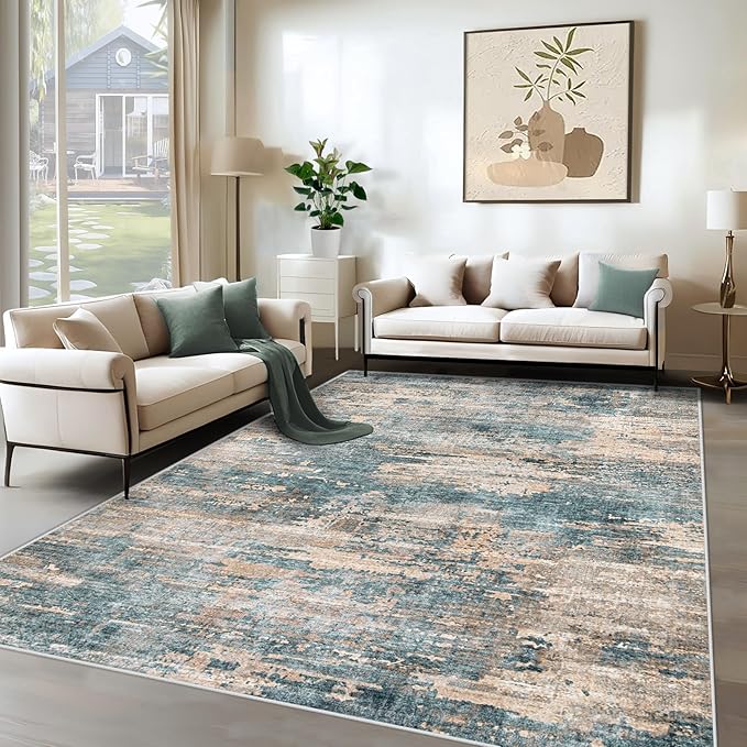6x9 Area Rugs for Living Room, Washable Modern Abstract Large Area Rug Neutral Soft Non Slip Kids Rug Stain Resistant Indoor Carpet for Bedroom Nursery Dining Room Playroom(GreenBrown, 6'x9')
