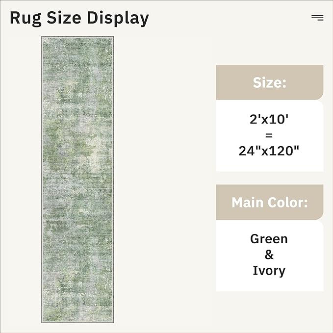 Runner Rug 2x10 Washable Non-Slip Hallway Runner Rugs for Kitchen Bathroom Laundry Room Green/Ivory Vintage Floor Carpet Runners for Hallways Entryway