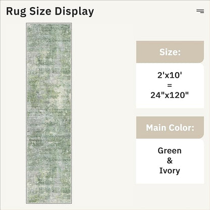 Runner Rug 2x10 Washable Non-Slip Hallway Runner Rugs for Kitchen Bathroom Laundry Room Green/Ivory Vintage Floor Carpet Runners for Hallways Entryway