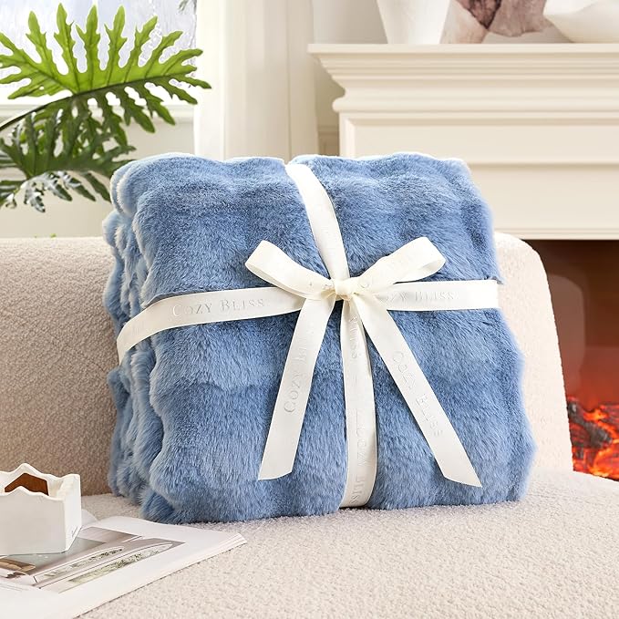 Cozy Bliss Faux Fur Bubble Throw for Couch, Fuzzy Soft Plush Thick Blanket for Sofa Bedroom Living Room, 60x80 Inches Misty Blue