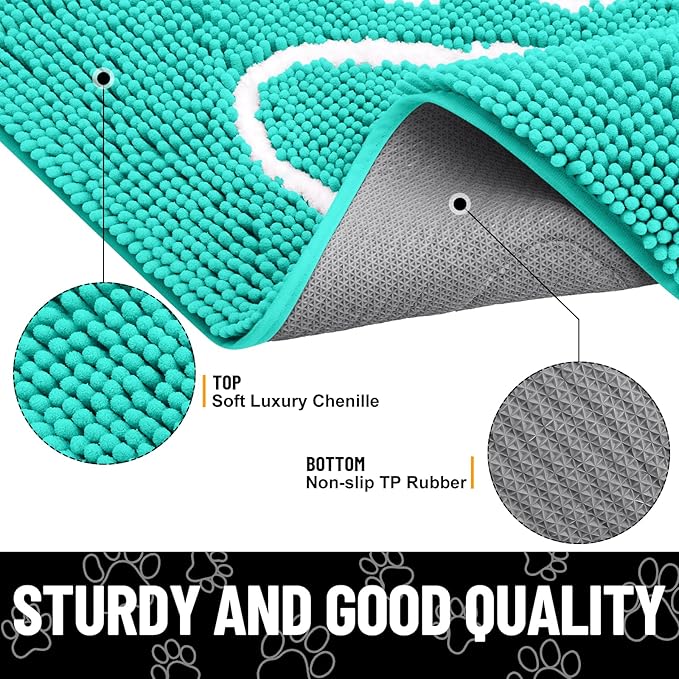 Smiry Dog Door Mat for Muddy Paws, Absorbent Dirt Trapper Non Slip Quick Dry Washable Chenille Mat for Mud Dogs, Entry Rug for Indoor and Outdoor (30x20 Inches, Turquoise and White)