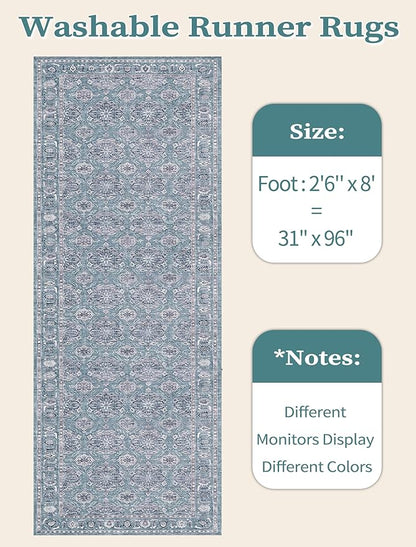SERISSA Boho Washable Runner Rug, 2'6"x8' Non-Slip Vintage Floral Hallway Kitchen Runner Rug Ultra Soft Print Distressed Blue Grey Floor Carpet for Bedroom Bathroom Laundry Room