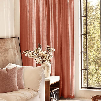 144 inch Linen Terracotta Curtains 2 Panels for Living Room Back Tab Light Filtering Semi Sheer Rust Colored Curtains 144 inches Long Soft Thick Cotton Cloth Textured Rustic Boho Farmhouse Room Decor