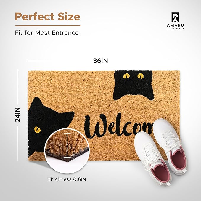 Welcome Cats - 24"x36" - Coir Door Mat with Heavy Duty Backing - Welcome Mats for Entryway, Porch - Anti-Slip PVC & Coconut Fiber Surface - Natural Home Accessories, Minimalist Original Design