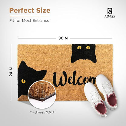 Welcome Cats - 24"x36" - Coir Door Mat with Heavy Duty Backing - Welcome Mats for Entryway, Porch - Anti-Slip PVC & Coconut Fiber Surface - Natural Home Accessories, Minimalist Original Design
