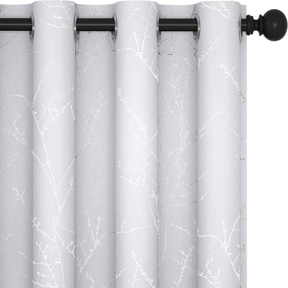 Deconovo Greyish White Curtains, Room Darkening Curtain, Thermal Insulated Soundproof Drapes, Silver Branch Print, 52 x 84 Inch Long, Grommet Window Panels for Living Room Bedroom Patio Door, Set of 2