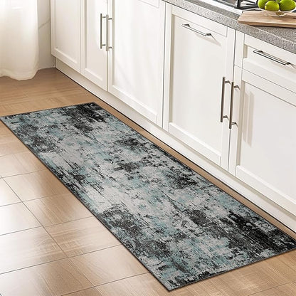 Washable Area Rugs 2'x6' Non-Slip Modern Abstract Soft for Living Room Entryway Bedroom Nursery, Print Pattern, Blue Black Teal