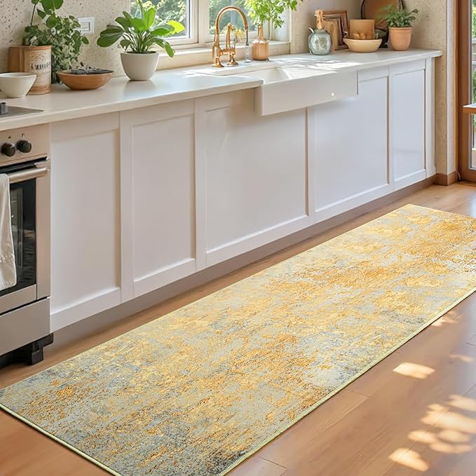 2x6 Rug Runners for Hallways Kitchen Runner Rug Non Slip Washable Long Runner Rugs with Rubber Backing Soft Abstract Carpet Runner for Hallways, Kitchen, Bathroom, Entryway (Orange, Silver & Gray)