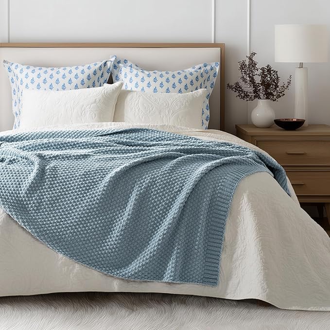 EVERGRACEHOME Chunky Chenille Knit Throw Blanket for Couch, Soft Luxurious Moss Stitch Blankets for Bed, Cozy Decorative Farmhouse Knitted Throws for Sofa, Chambray Blue, 50" x 60"