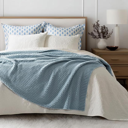 EVERGRACEHOME Chunky Chenille Knit Throw Blanket for Couch, Soft Luxurious Moss Stitch Blankets for Bed, Cozy Decorative Farmhouse Knitted Throws for Sofa, Chambray Blue, 50" x 60"