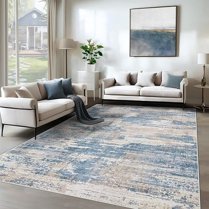6x9 Area Rugs for Living Room, Washable Modern Abstract Large Area Rug Neutral Soft Non Slip Kids Rug Stain Resistant Indoor Carpet for Bedroom Nursery Dining Room Playroom(BlueBeige, 6'x9')