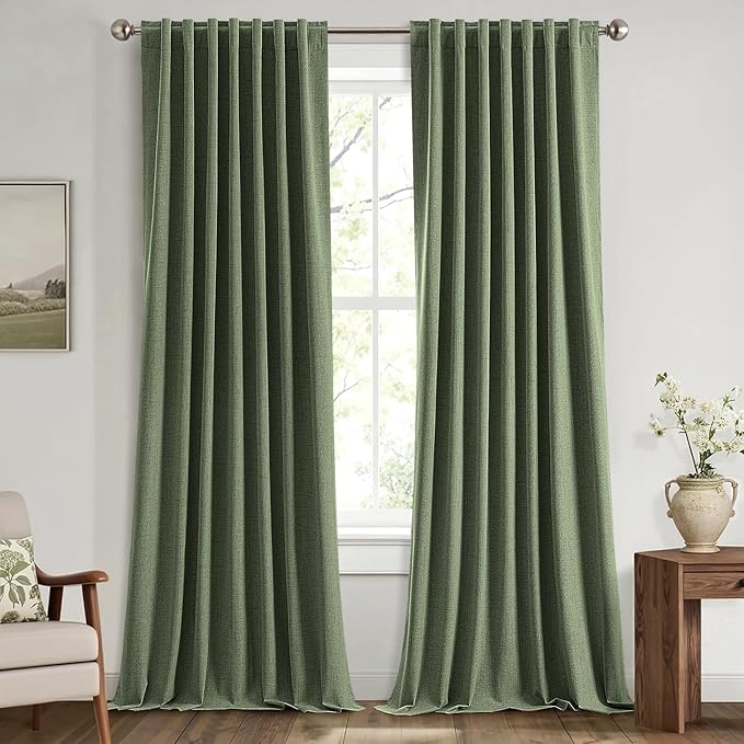 MIULEE 100% Blackout Linen Curtains for Bedroom, Olive Green Solid Luxury Decor Thermal Insulation Room Darkening Drapes for Living Room Nursery Back Tab Rod Pocket 42 x 96 Inches, 2 Panels