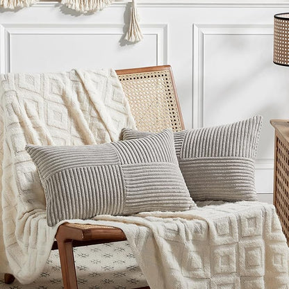 Fancy Homi 2 Packs Neutral Grey Lumbar Decorative Throw Pillow Covers 20x28 Inch for Living Room Couch Bed Sofa, Farmhouse Home Decor, Soft Striped Corduroy Rectangle Accent Cushion Case 50x70 cm