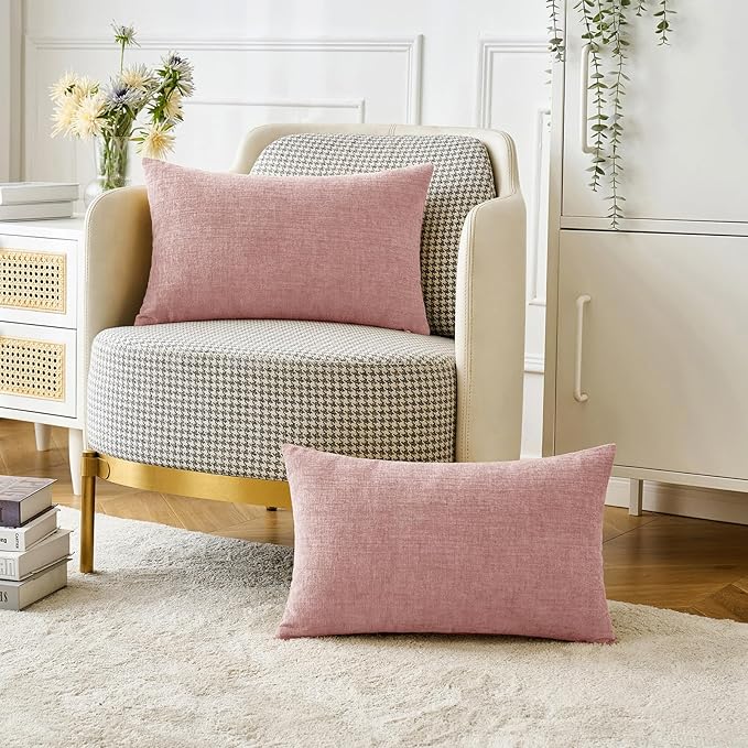MIULEE Pack of 2 Couch Valentines Throw Pillow Covers 12x20 Inch Soft Spring Blush Pink Chenille Lumbar Pillow Covers for Sofa Living Room Solid Dyed Cases