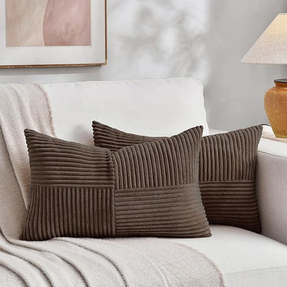Fancy Homi 2 Packs Dark Brown Lumbar Decorative Throw Pillow Covers 16x28 Inch for Living Room Couch Bed, Rustic Farmhouse Boho Home Decor, Soft Striped Corduroy Rectangle Accent Cushion Case 40x70 cm