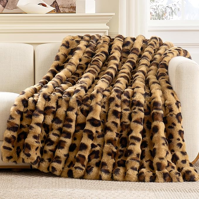 Cozy Bliss Cheetah Leopard Print Faux Fur Throw Blanket for Couch, Fuzzy Soft Plush Thick Bubble Blanket for Sofa Bedroom Living Room, 60x80 Inches Brown