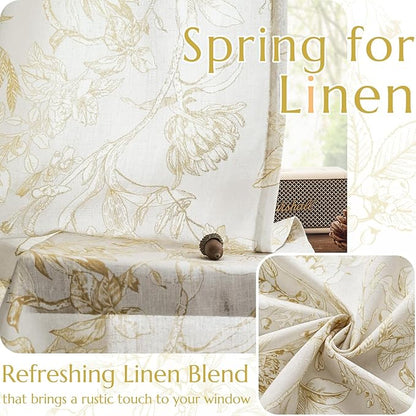 jinchan Floral Curtains 84 Inches Long Mustard Yellow Flower Linen Farmhouse Curtain for Living Room French Country Vintage Curtain Rod Pocket Curtains Set 2 Panels Floral Printed