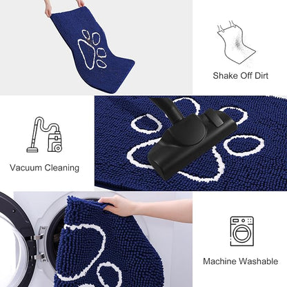 Smiry Dog Door Mat for Muddy Paws, Absorbent Dirt Trapper Non Slip Quick Dry Washable Chenille Mat for Mud Dogs, Entry Rug for Indoor and Outdoor (30x20 Inches, Navy Blue and White)